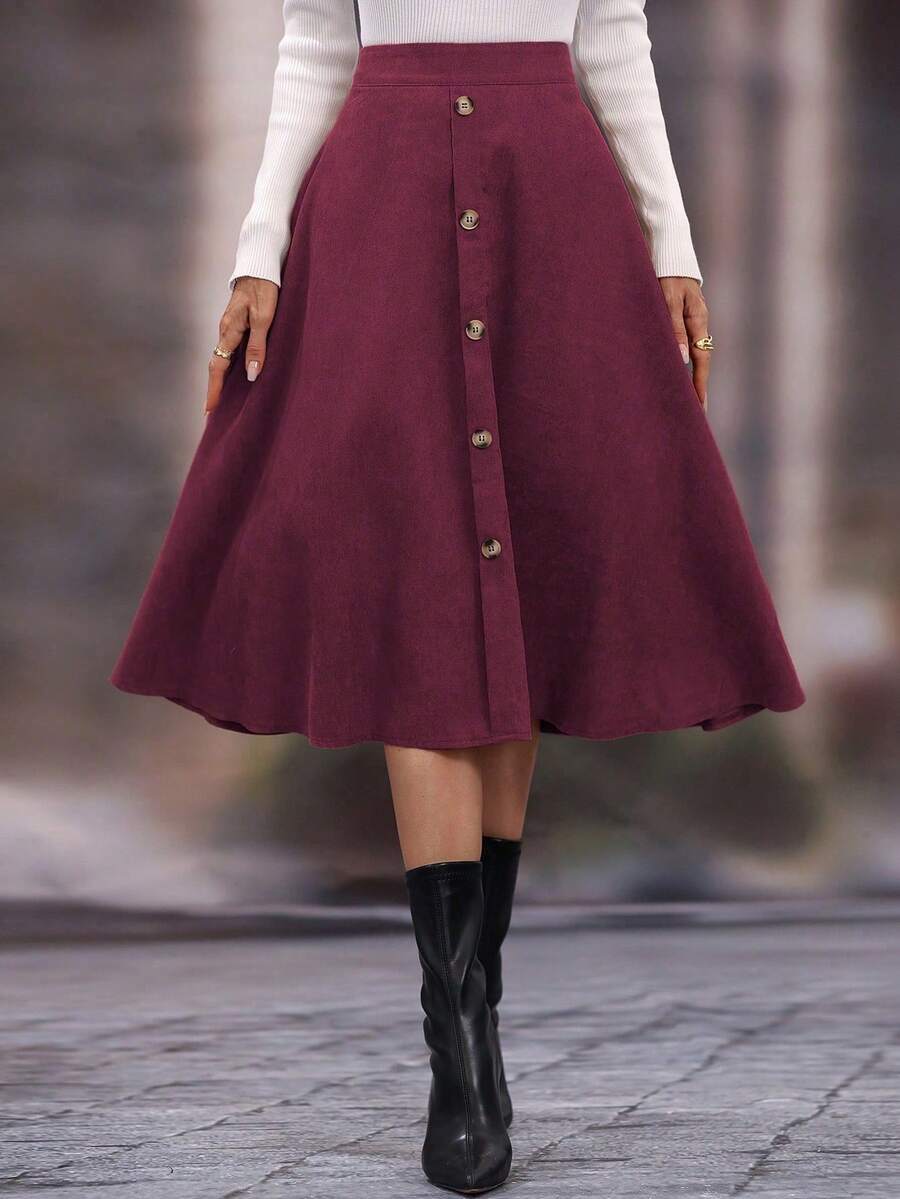 EMERY ROSE 女式纯色简约休闲长裙 - 酒紅色 - 查看 1