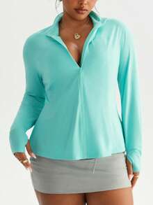 Rhythm Era Damen Große Größen Minimalistische einfarbige Jacke mit Reißverschluss und Daumenöffnung, Langarm, Herbst