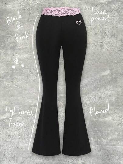 Y2Kool Vecteezy Pantalones acampanados ajustados con encaje de corazón de espina y contraste de color, estilo Y2K. Moda casual de calle para mujer, adecuado para fiestas, reuniones y uso diario en otoño/invierno