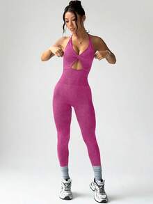 Dewbera Bộ đồ tập yoga liền mạch có lưng chữ Y, quần lửng, cúp ngực có thể tháo rời, khoét xoắn phía trước, thiết kế hở lưng, thời trang và gợi cảm, phù hợp để tập thể dục, chạy bộ ngoài trời, thấm hút mồ hôi - Màu Hồng Tươi - Xem 4