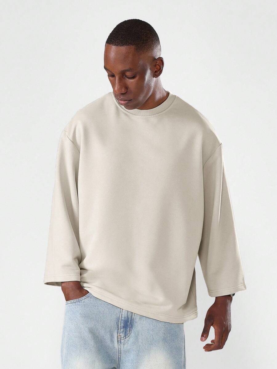 SUMWON 高级宽松长袖T恤，落肩廓形剪裁，街头风秋冬都市时尚必备舒适休闲纯色款 - 杏色 - 查看 1