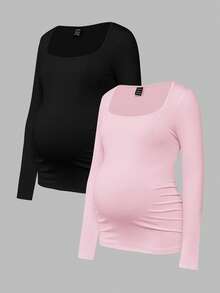 Modmama Áo thun bầu tay dài cổ tròn nhún bèo, kiểu dáng thường ngày, đa năng. - Nhiều màu - Xem 12