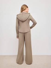 SHEIN Set de haine cu glugă camel pentru fete, sport, casual, din două piese, hanorac cu mânecă lungă și pantaloni de trening, trening pentru școală, alergare, haine moi și calde din fleece