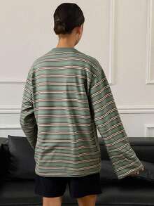 DAZY 女士条纹宽松圆领落肩长袖休闲T恤 - 咖啡棕 - 查看 2