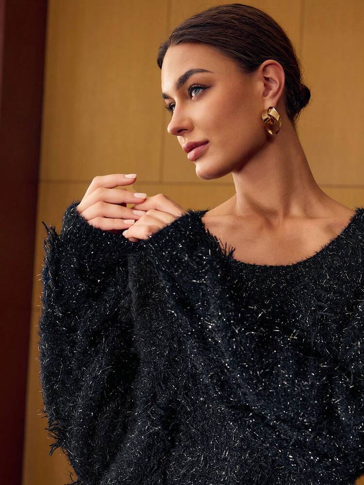 SOLID ROUND NECK FLUFFY KNIT SWEATER