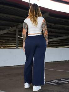 Arliah 条纹拼接印花低腰直筒系带女式运动长裤 - 藏蓝色 - 查看 6