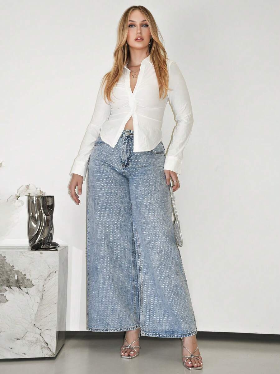 Arliah 女式前扣口袋简约休闲低腰水钻镶嵌 Y2K 情人节闪光亮片宽松女式牛仔裤音乐会女装，秋季女装