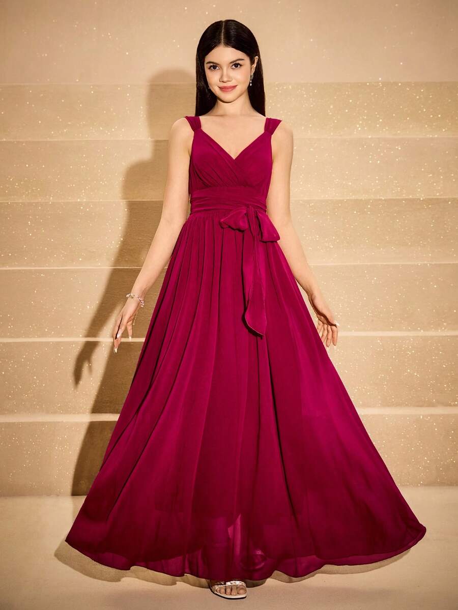 优雅薄纱缎面露背连衣裙，适合少女、花童、婚礼、舞会、万圣节、圣诞节、勃艮第酒红色、青少年、女孩