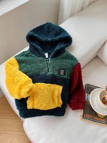 男婴/女婴彩色休闲宽松柔软羊毛拼布连帽衫，舒适宽松拉链设计，室内外均可穿着，秋冬