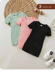 Baby Girl Casual Knitted Solid Color Short Sleeve Dress 3pcs/Set - Green - View 2