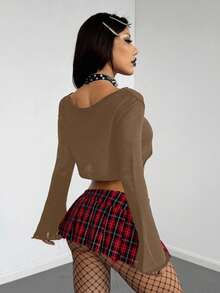 StreetHx New Halloween Black & White Hollow Out Cropped Loose Fashionable Mischievous Dark Bell Sleeve Sweater - Brown - View 2