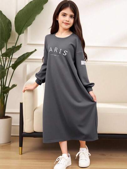 SHEIN 青少年女孩休闲保暖内衬宽松长袖文字图案卫衣连衣裙