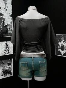 EgrlEra 纯色露肩收腰复古性感T恤 - 黑色 - 查看 2