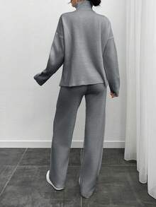 EURMUSE Women Solid Color Rib Knit Drop Shoulder High Neck Pullover & Sweater Pants Set,Petite,Winter Clothes - Light Grey - View 3
