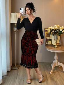 Elenzga Plus Size Women Floral Lace Patchwork V-Neck Long Sleeve Fishtail Hem Fitted Elegant Dress Fall - Burgundy - View 1