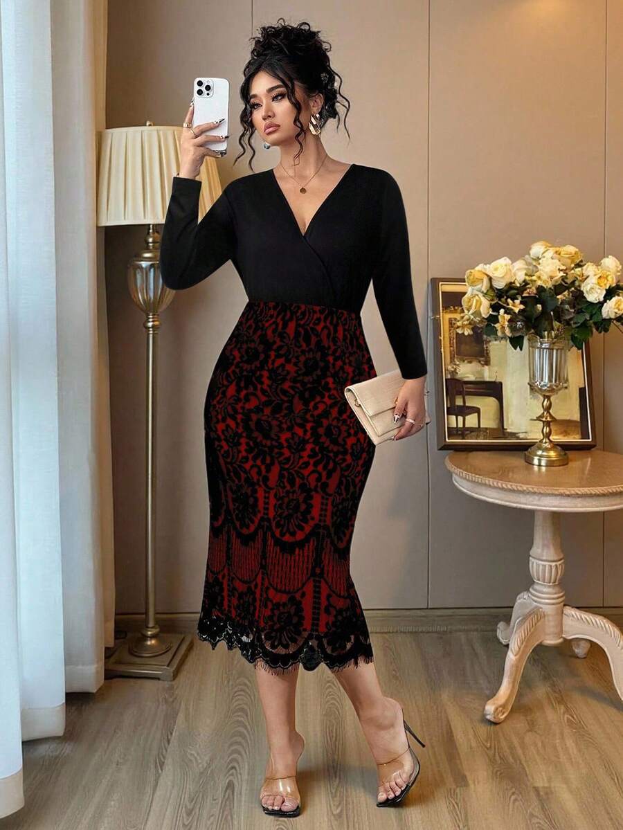 Elenzga Plus Size Women Floral Lace Patchwork V-Neck Long Sleeve Fishtail Hem Fitted Elegant Dress Fall - Burgundy - View 1