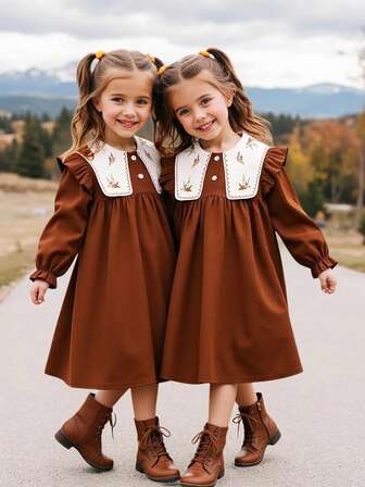 SHEIN Reset Phase Young Girls' Ditsy Floral Ruffle Collar Long Sleeve A-Line Dress, Suitable For Daily Wear, Spring