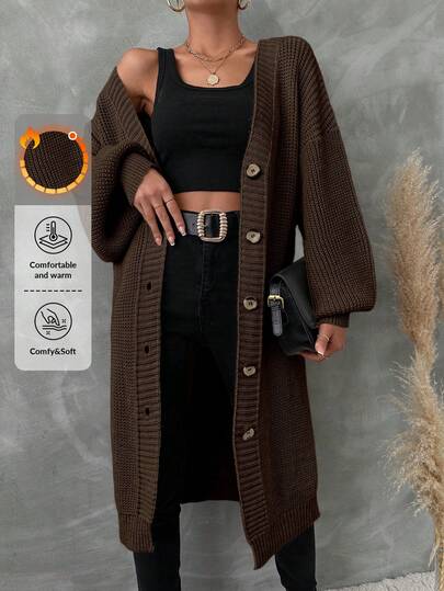 EURMUSE Kvinnor Enfärgad Drop Shoulder Långärmad Enkelknäppt Casual Cardigan, höst och vinter