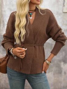 Brillora Cárdigan de punto casual de manga larga con hombros caídos y unicolor para mujer, otoño/invierno