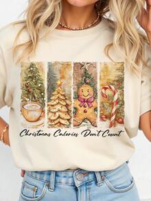 EMERY ROSE Kaos Kasual Ukuran Besar dengan Motif Makanan Natal - Krem - View 1