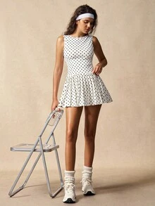 VARSIVA Women's Casual Polka Dot Print Pleated Hem Sports Dress, Summer