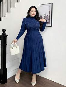 Modelyn Vestido de suéter de manga larga con pliegues de unicolor minimalista talla grande para otoño e invierno para mujeres