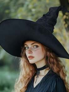 一件式万圣节女巫帽，大号褶边锥形黑色女巫帽，可爱的宽边尖顶帽，非常适合新奇角色扮演派对、化妆舞会狂欢节魔术师帽、成人派对配饰和万圣节装饰品