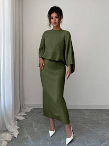 Elenzga Yellow Long Sleeve Top And Straight Skirt 2 Pieces Set, Elegant And Suitable For Party, Commute In Autumn/Winter - Army Green - View 6