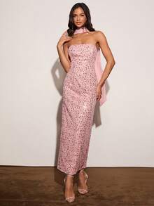 Enchnt Váy Bandeau đính hạt màu hồng dành cho nữ - Hồng - Xem 4