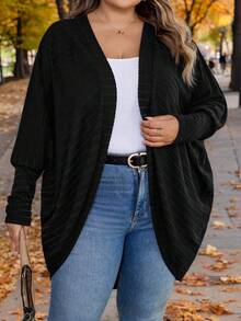 SHEIN CURVE+ Áo len cardigan dệt kim gân dáng rộng cỡ lớn, quần áo thu đông cho nữ - màu đen - Xem 4