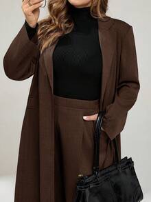 Auralis 大码女装春秋季时尚休闲宽松舒适日常百搭修身长款西装外套和阔腿裤棕色套装，复古富贵风格，商务休闲女装，女士办公室着装，职业装，秋季服装 - 咖啡棕 - 查看 9