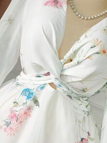 DreamSkyne 大码女式 V 领扭腰喇叭下摆花卉印花优雅连衣裙，长袖 - 白色 - 查看 8