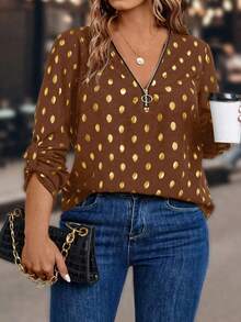 Plus Size Polka Dot Print Half-Zip Casual Versatile Long Sleeve Shirt - Brown - View 1
