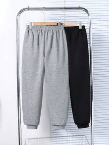 Vacaura 2pcs/Set Boys' Minimalist Ribbed Tapered Leg Pants, Comfortable Fabric, Versatile Color, Suitable For School And Casual Wear, Autumn/Winter - Black - View 2