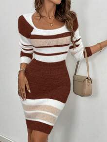 Selianne Women's Autumn/Winter Colorblock Round Neck Bodycon Sweater Dress
