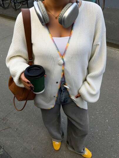 EURMUSE Casual V Neck Solid Color Button Down Colorful Handstitch Stripe Cardigan,Tall In Women,Cardigans,Long Cardigans Woman,Petite,Tall