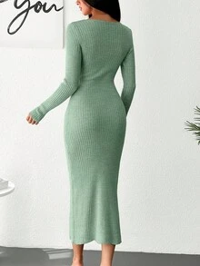 EURMUSE Solid Ribbed Knit Wrap Hem Bodycon Sweater Dress - Mint Green - View 2