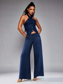 NYA SZN 露背修身纽扣上衣，适合早午餐、婚礼、度假、正式场合、夏季、节日、嘉年华等场合。 - 藍色 - 查看 4