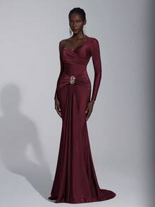 Elitara Elegant Brown Elastic Knit Asymmetrical One Shoulder Long Sleeve Dress,Metal Decor Fish Tail Front Flounce Ball Gown For Wedding,Party,Vacation - Burgundy - View 5