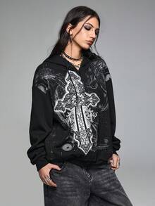 ROMWE Grunge Punk Grunge Style Cross Pattern Print Loose Fit Sweatshirt For Women - Black - View 5