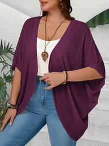 EMERY ROSE 大码女式纯色蝙蝠袖前开式休闲宽松夹克 - 紫色 - 查看 3