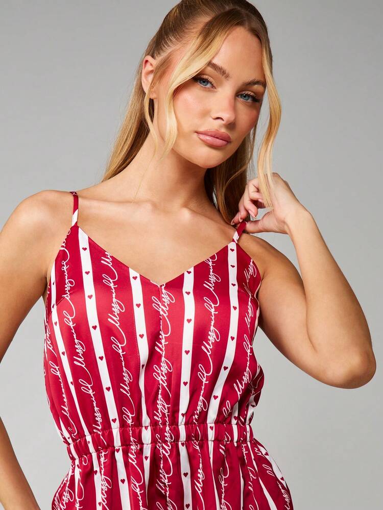 MISSGUIDED Christmas Striped Print V-Neck Romper With Hearts And Script Text For Summer Casual Wear