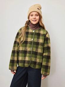 Tween Girl Casual Everyday Plaid Button-Up Cardigan, Autumn/Winter - Green - View 1