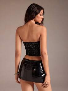 SHEIN TRNDY 1pc Women's Asymmetric Hem Sequin Embellished Bodycon Party/Valentine's Day Top, Black, Suitable For Summer, Autumn, Winter