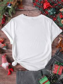 EMERY ROSE Christmas Gingerbread Warm Print Casual Plus Size T-Shirt - White - View 2