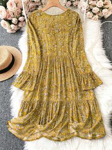 SHEIN LUNE Đầm tay dài cổ tròn bèo nhún họa tiết hoa cỡ lớn - Màu vàng - Xem 2