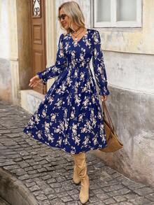 Brillora 女式花卉印花褶皱长袖抽绳腰休闲中长连衣裙 - 藍色 - 查看 1