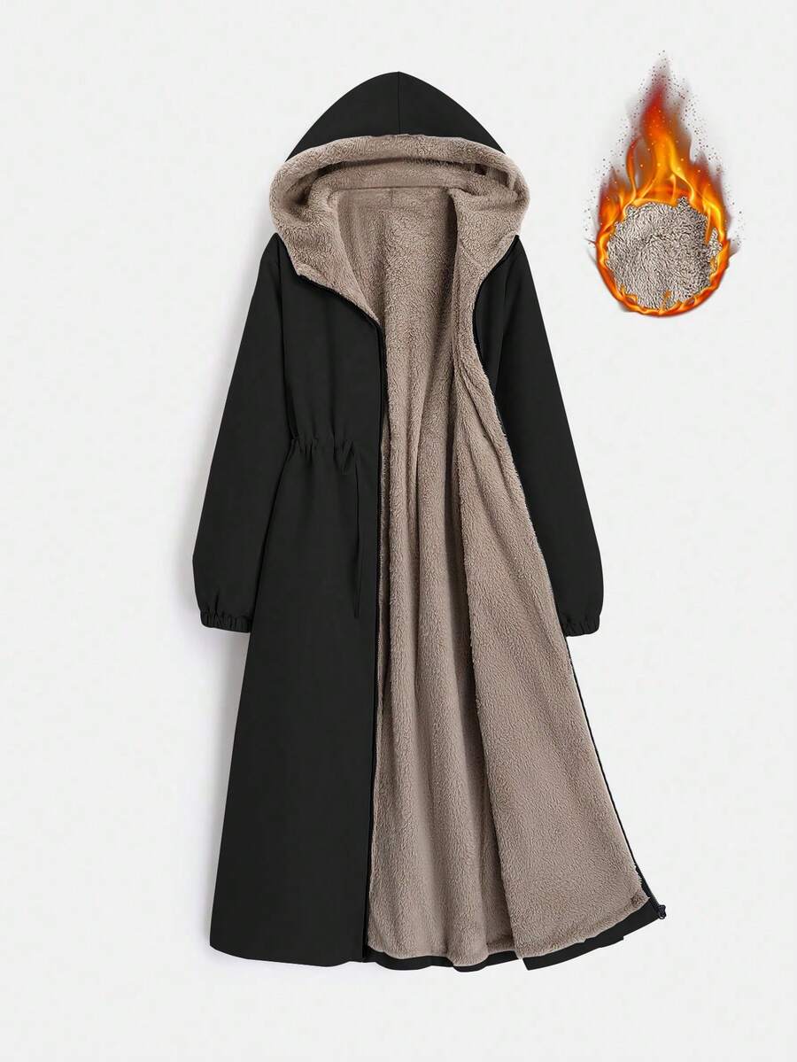 GlowEve 女士冬季服装长袖抽绳腰连帽保暖内衬长款休闲加厚棉服外套 - 黑色 - 查看 1