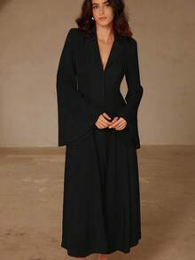 Aveloria Rosie 惊艳紫红色优雅领口单排扣束腰喇叭形长袖衬衫裙，适合女士 - 黑色 - 查看 3