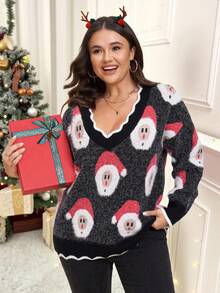 SHEIN LUNE Plus Size Christmas Cartoon Pattern Sweater, Autumn/Winter Christmas Sweater Jumper Winter New Year Casual Sweater For Ladies - Multicolor - View 6